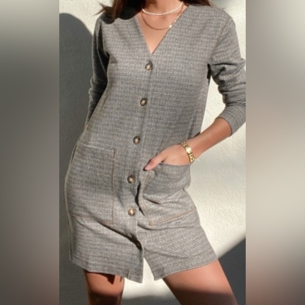 Lou & Grey Houndstooth Knit Top Button Down Soft Cozy Long Sleeve Dress XS